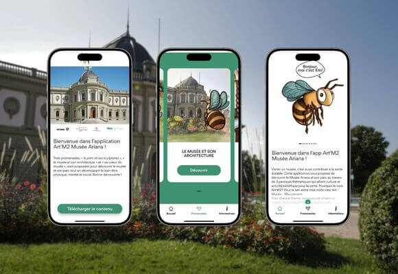 Trois écrans de smarphone représentant la façade du Musée Ariana et une abeille