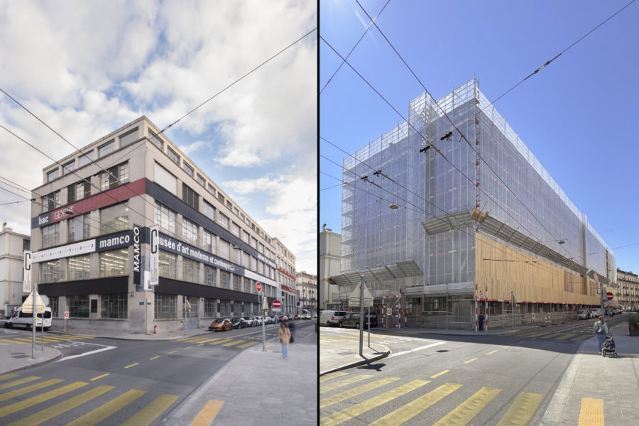 Façade du MAMCO avant et avec les échaffaudages