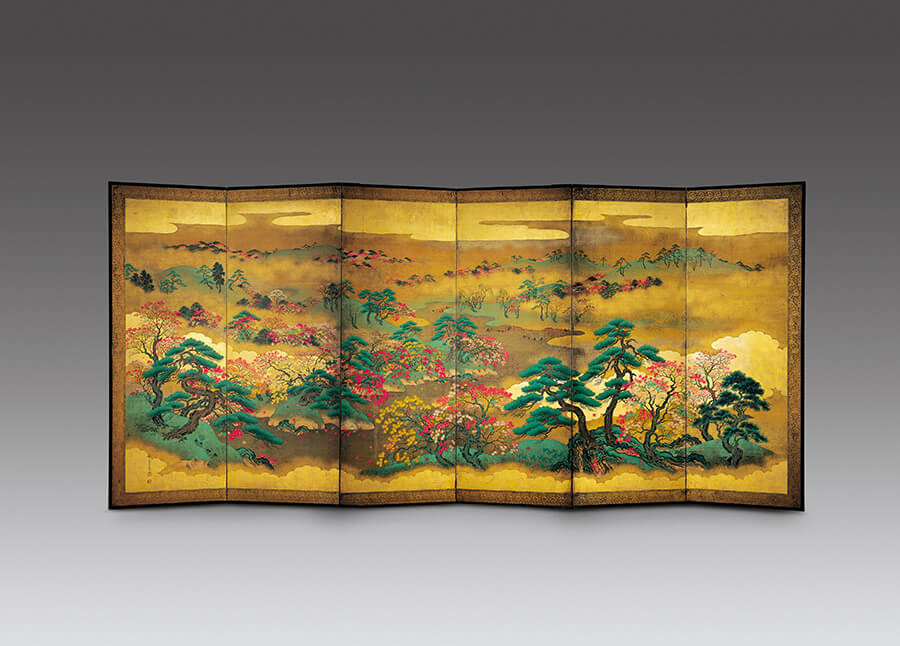 Paravent asiatique peint dans les couleurs jaunes, verte et rouge