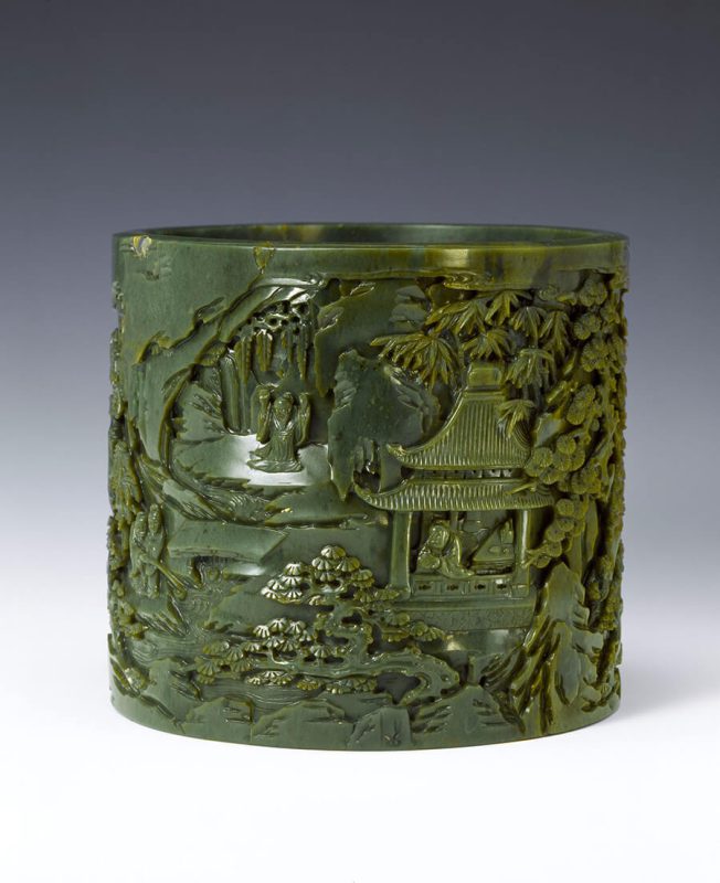 Céramique verte représentant un paysage asiatique